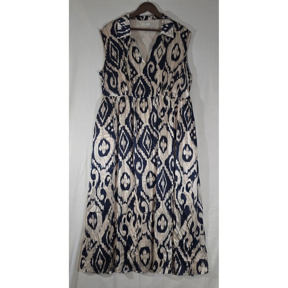 Spartina 449 Dresses & Skirts - Spartina 449 Silk Maxi Dress Ikat Print Sleeveless V-Neck Beige Navy XXL